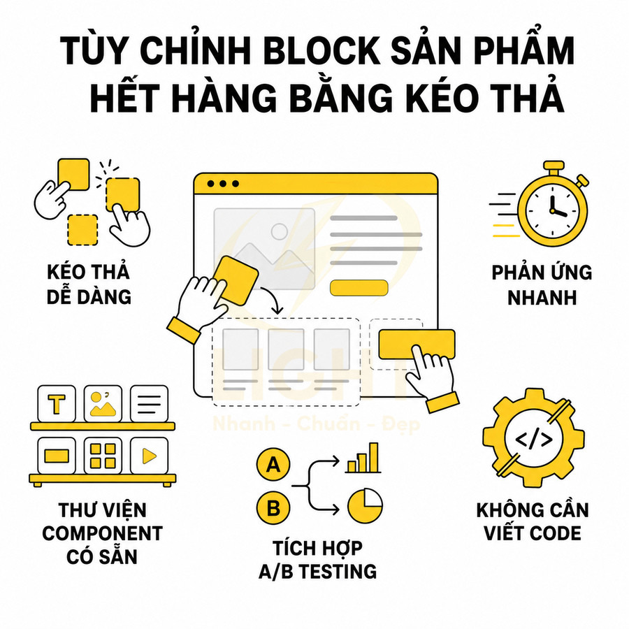 Giao diện kéo thả tùy chỉnh block sản phẩm hết hàng với thư viện component sẵn có và tích hợp A/B testing