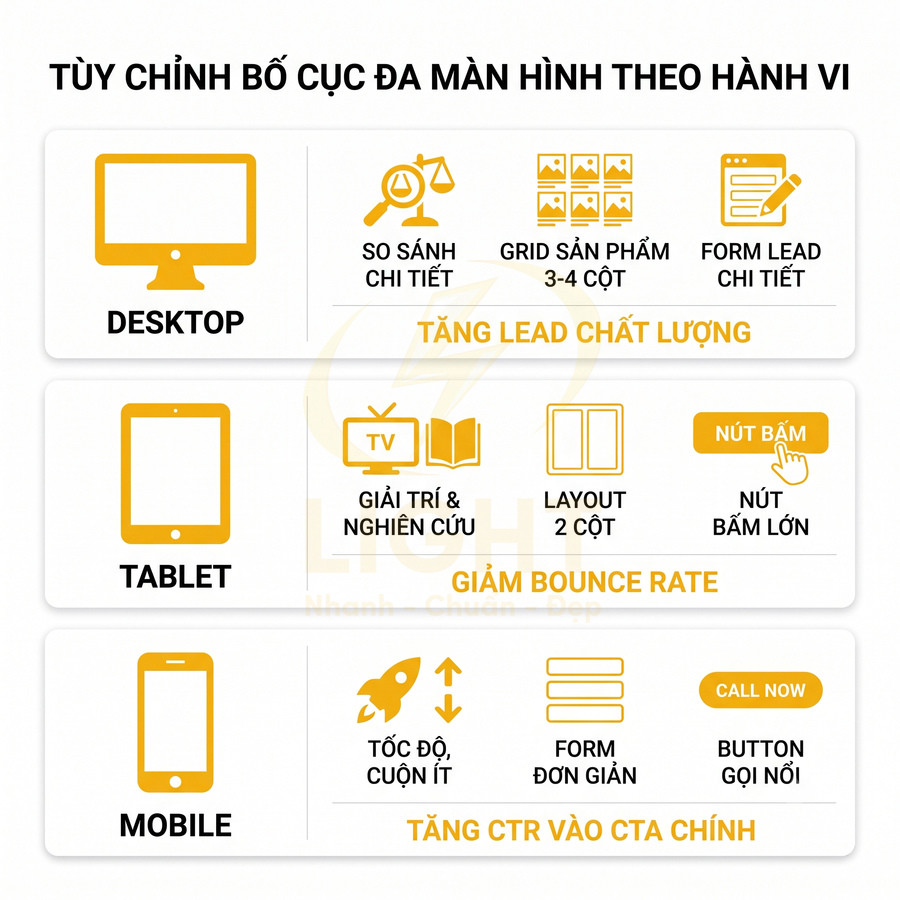 Tùy chỉnh bố cục website cho desktop tablet mobile để tăng lead giảm bounce rate và tăng CTR CTA chính