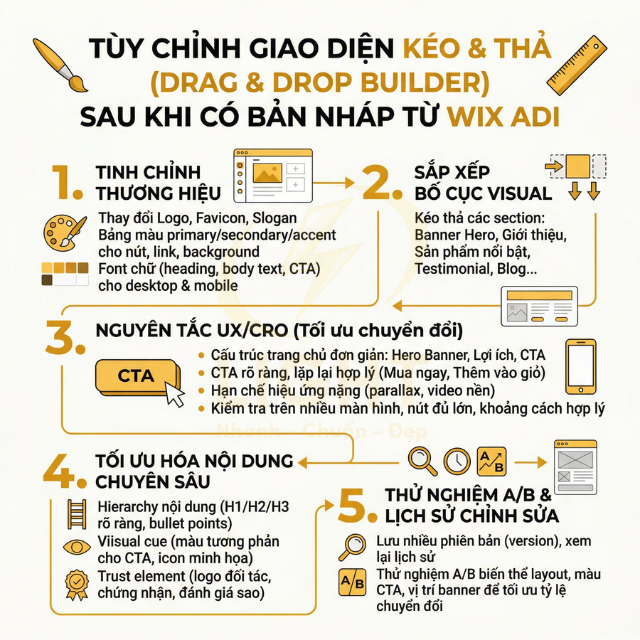 Hướng dẫn tối ưu giao diện kéo thả Wix ADI với các bước tinh chỉnh thương hiệu, bố cục visual, UX CRO, nội dung và A/B testing