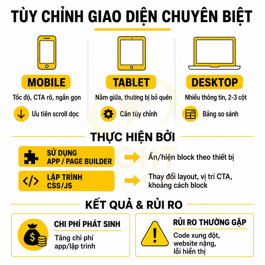 Infographic tùy chỉnh giao diện website cho mobile, tablet, desktop, nêu cách thực hiện bằng app, lập trình và rủi ro chi phí