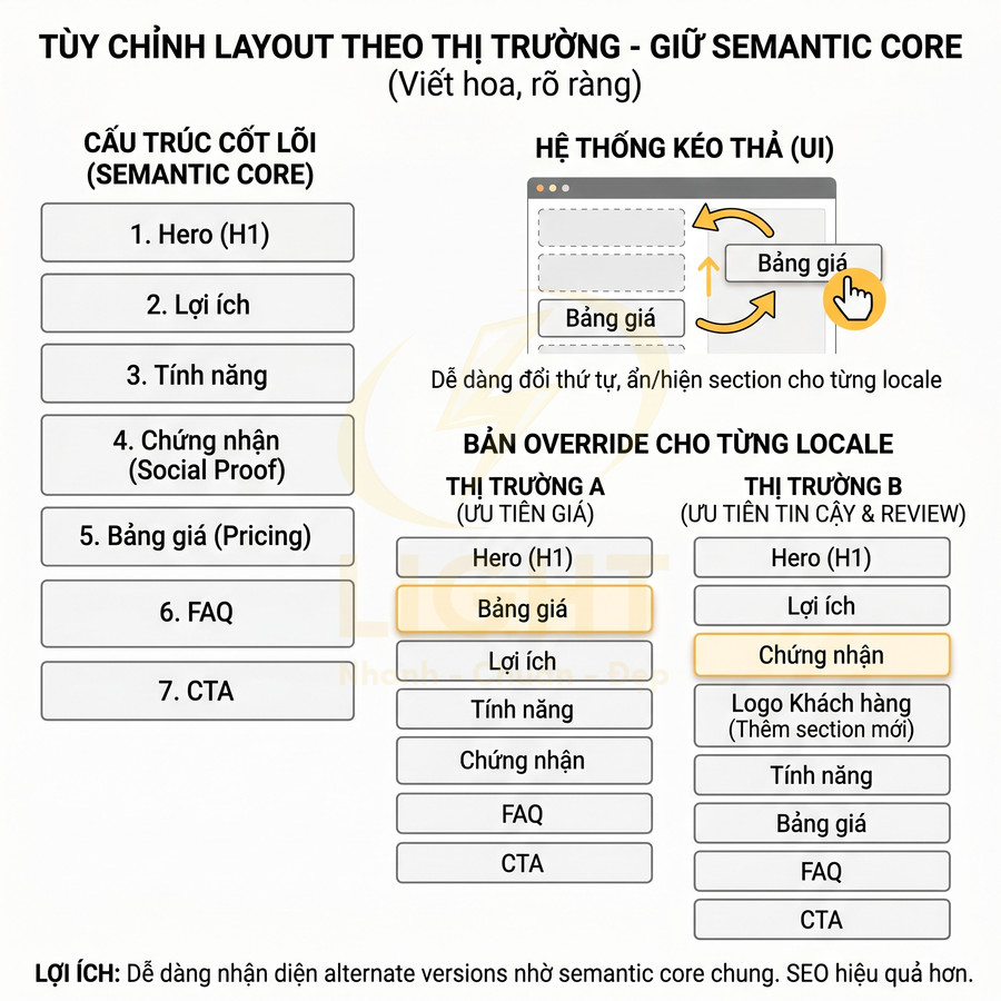 Sơ đồ tùy chỉnh layout landing page theo thị trường với các section Hero lợi ích tính năng bảng giá FAQ CTA