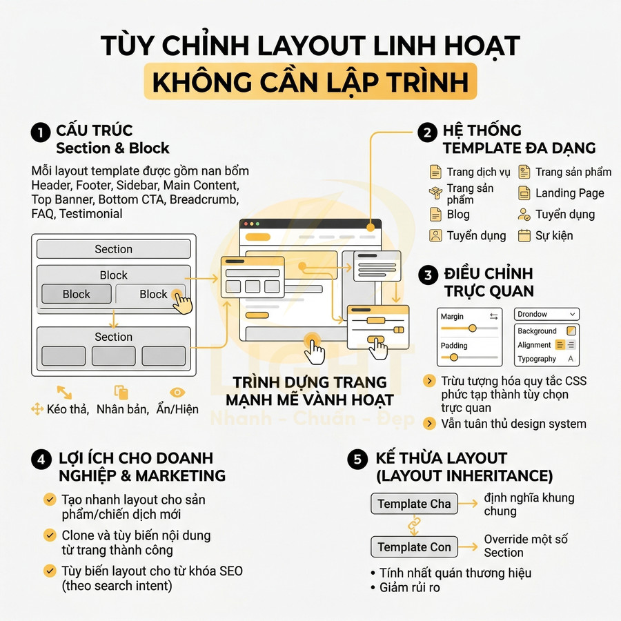 Infographic giới thiệu tính năng tùy chỉnh layout linh hoạt không cần lập trình cho trình dựng trang web