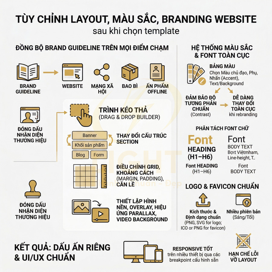 Hướng dẫn tùy chỉnh layout màu sắc và branding website với trình kéo thả, hệ thống màu font và logo favicon chuẩn