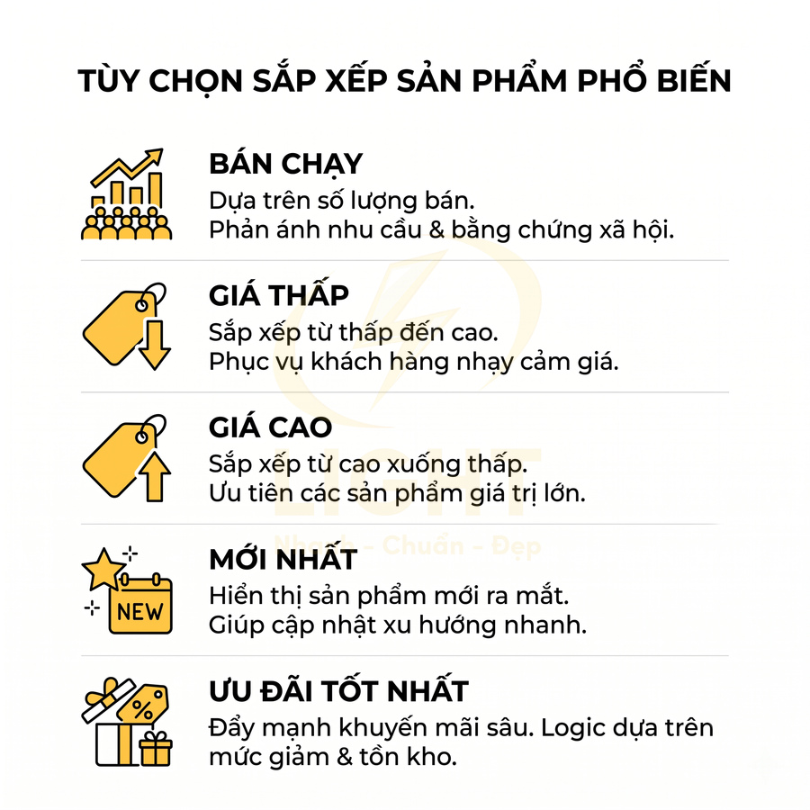Các tùy chọn sắp xếp sản phẩm phổ biến: bán chạy, giá thấp, giá cao, mới nhất, ưu đãi tốt nhất