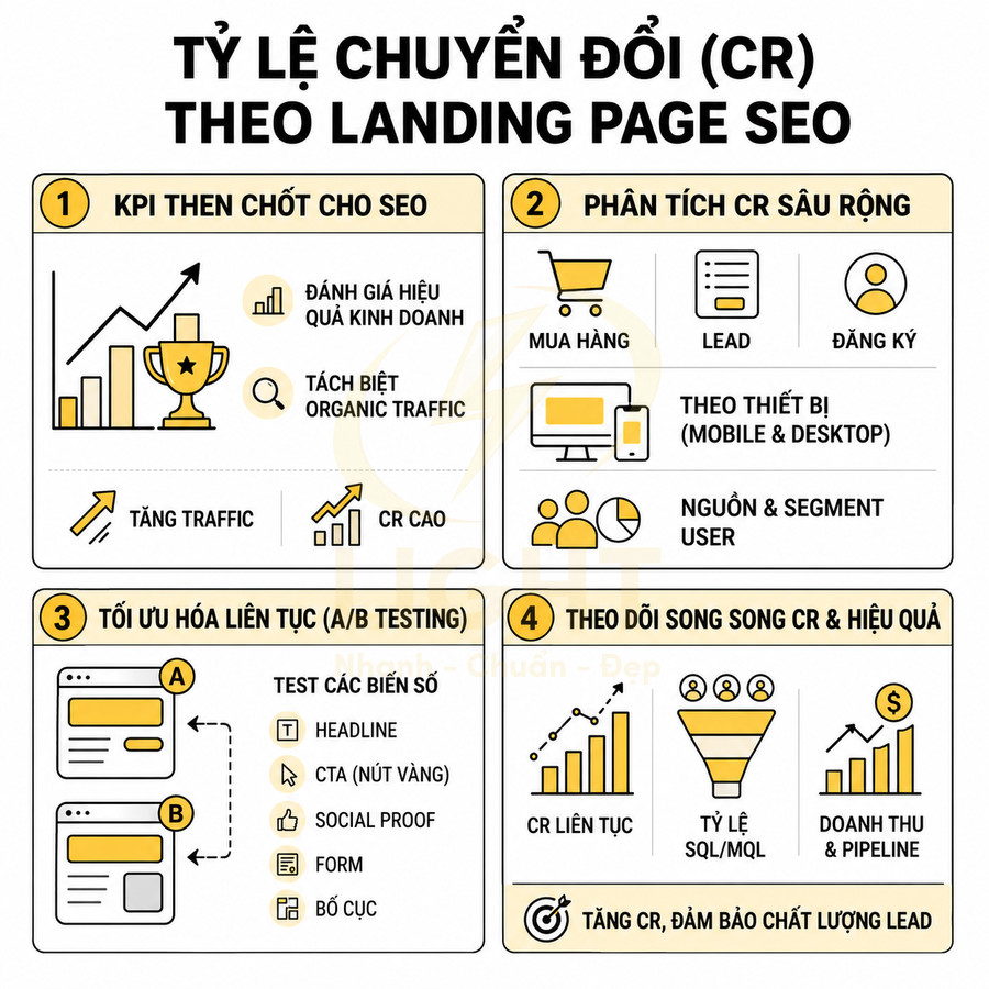 Infographic hướng dẫn tối ưu tỷ lệ chuyển đổi CR cho landing page SEO với KPI, A/B testing và theo dõi hiệu quả