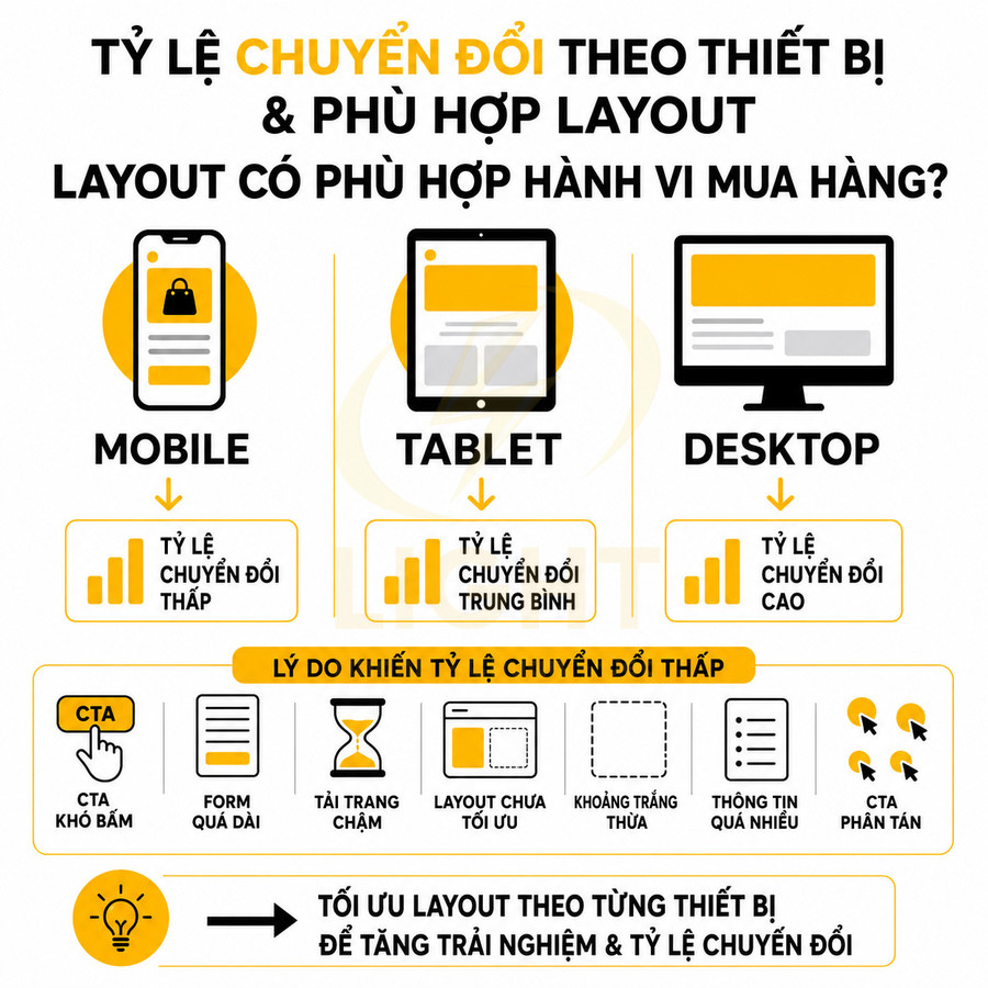 Infographic tỷ lệ chuyển đổi theo thiết bị mobile tablet desktop và lý do cần tối ưu layout trang web