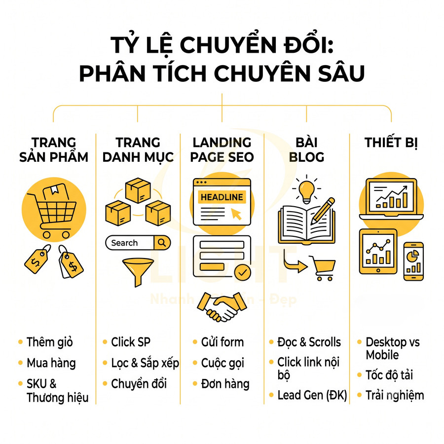 Infographic phân tích tỷ lệ chuyển đổi theo trang sản phẩm, danh mục, landing page SEO, bài blog và thiết bị