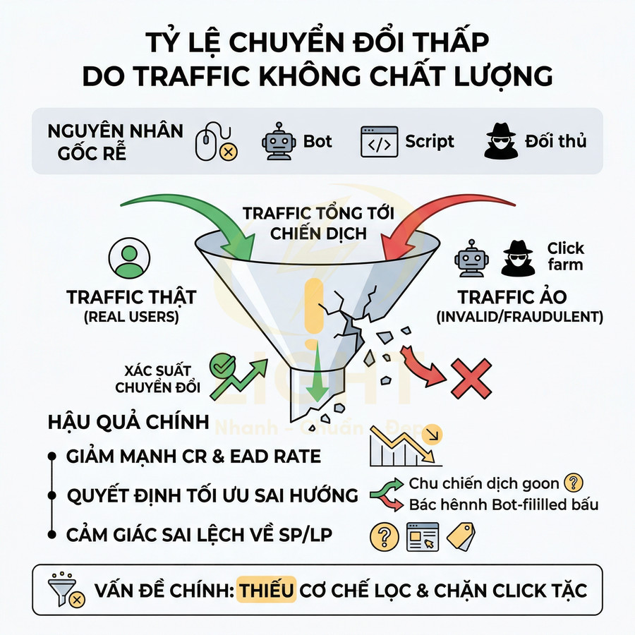 Infographic mô tả phễu marketing cho thấy traffic thật và traffic ảo làm giảm tỷ lệ chuyển đổi chiến dịch quảng cáo