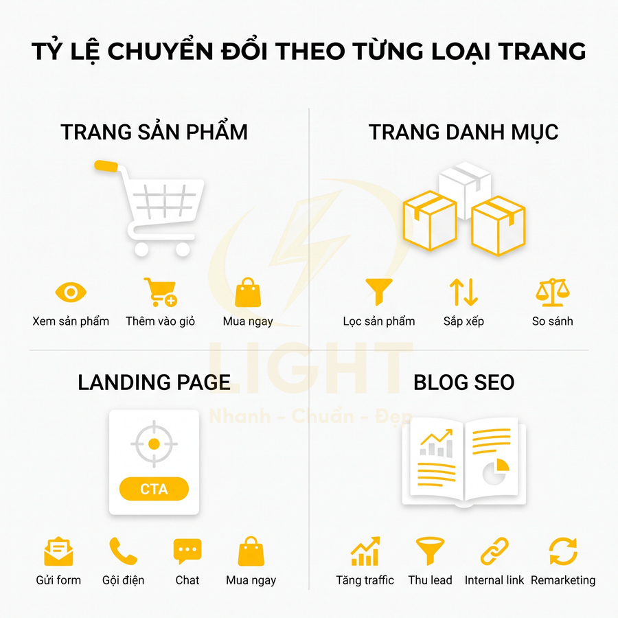 Tỷ lệ chuyển đổi theo từng loại trang web gồm trang sản phẩm, trang danh mục, landing page và blog SEO