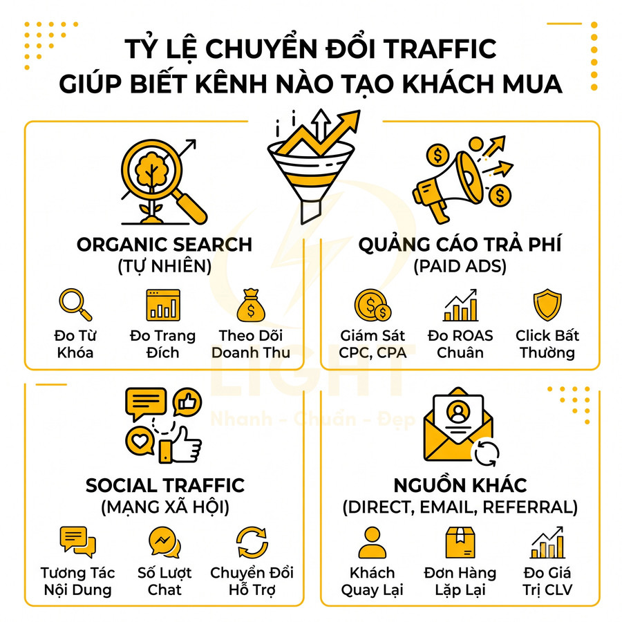 Tỷ lệ chuyển đổi traffic theo kênh organic search, quảng cáo trả phí, social traffic và nguồn khác trong marketing