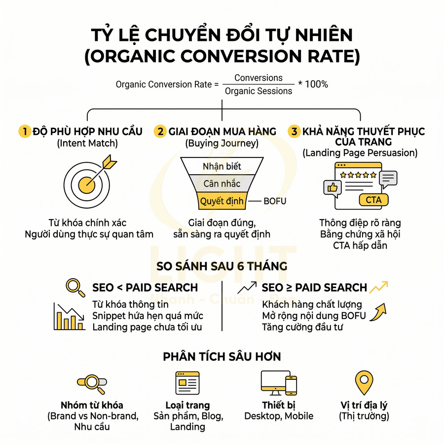 Infographic giải thích tỷ lệ chuyển đổi tự nhiên trong SEO với các yếu tố intent, hành trình mua hàng và tối ưu landing page