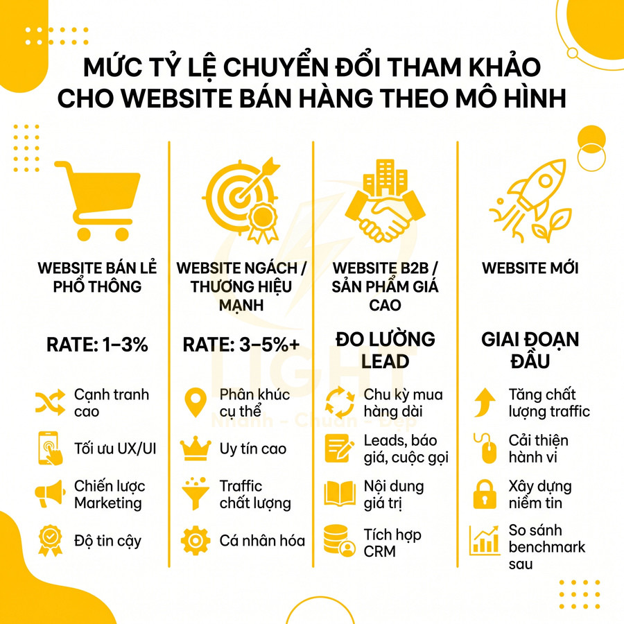 Bảng so sánh tỷ lệ chuyển đổi tham khảo cho các mô hình website bán hàng và yếu tố tối ưu chuyển đổi