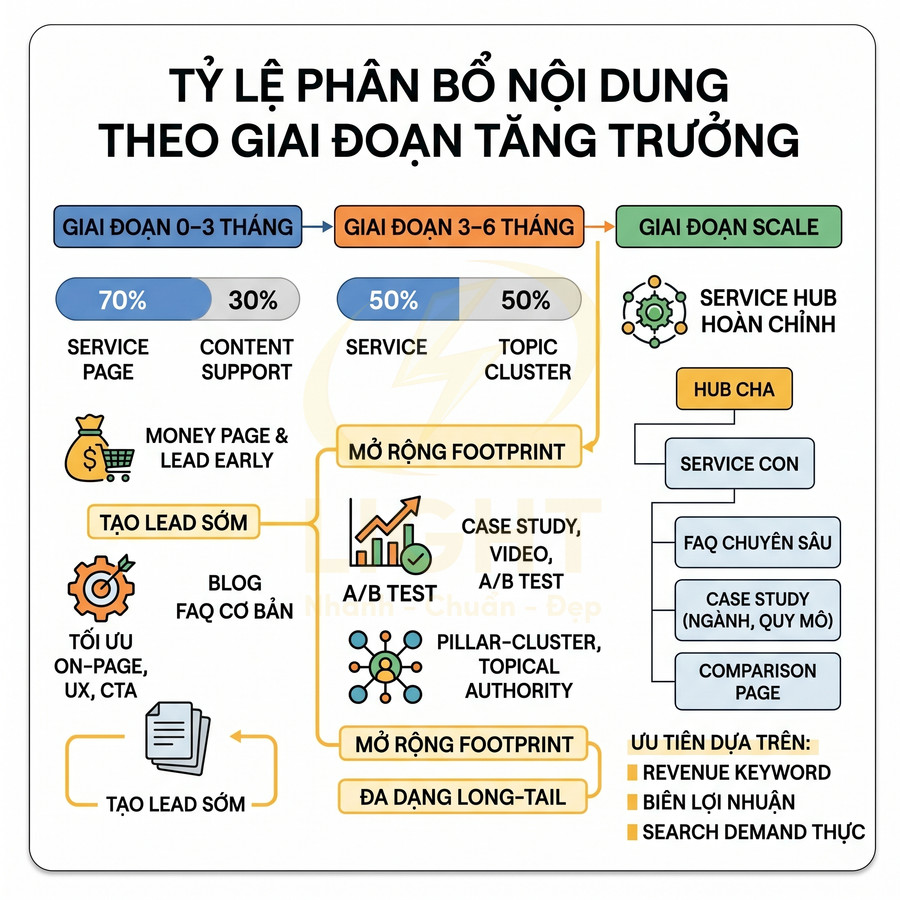 Sơ đồ tỷ lệ phân bổ nội dung marketing theo giai đoạn tăng trưởng từ 0 đến scale