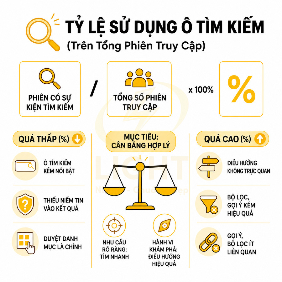 Infographic tỷ lệ sử dụng ô tìm kiếm trên tổng phiên truy cập và các nguyên nhân quá thấp hoặc quá cao