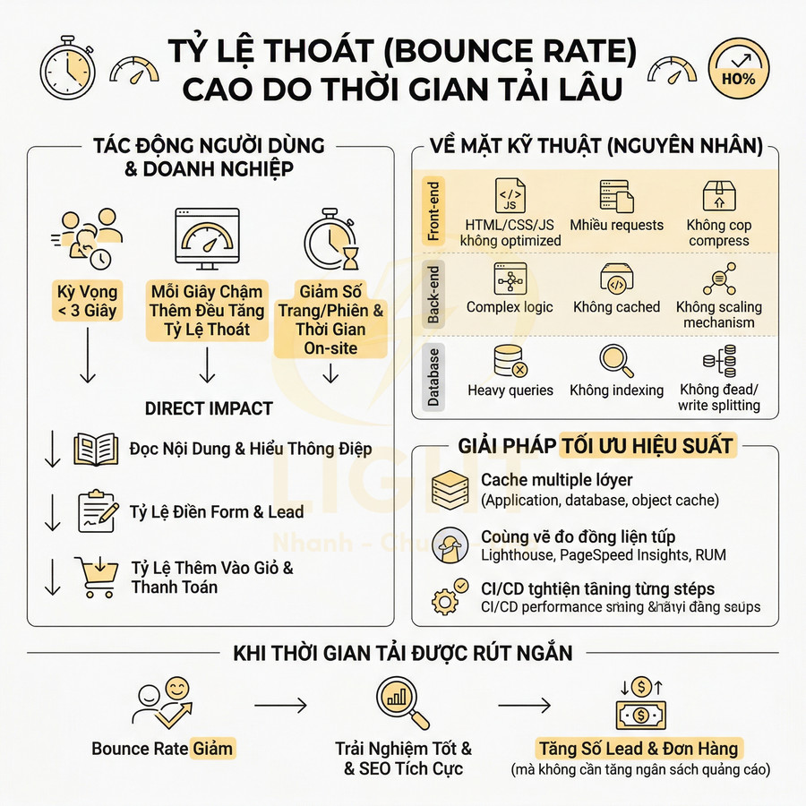 Infographic giải thích tỷ lệ thoát cao do thời gian tải trang web lâu và các giải pháp tối ưu hiệu suất