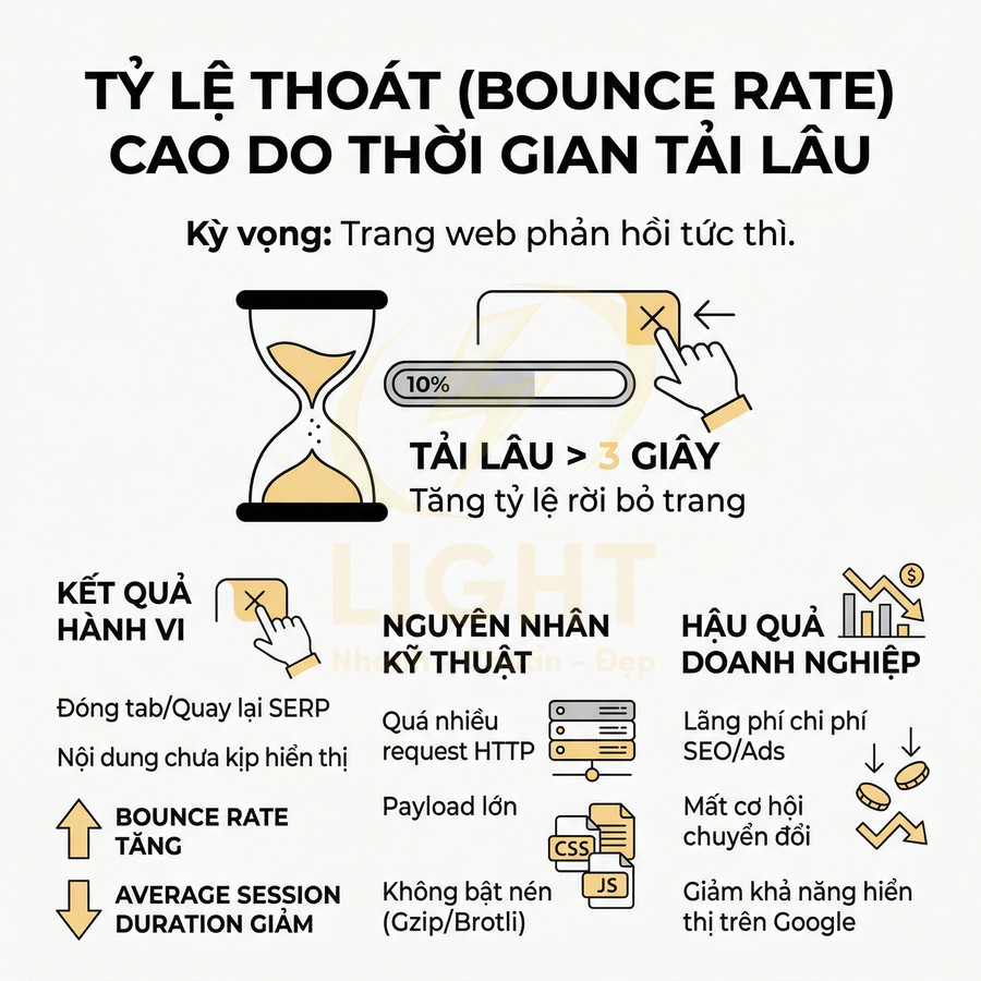 Infographic tỷ lệ thoát website tăng do thời gian tải trang lâu hơn 3 giây và các hậu quả cho doanh nghiệp