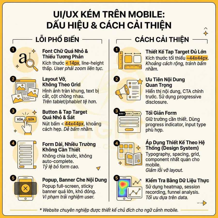Infographic UI UX kém trên mobile với các lỗi phổ biến và cách cải thiện trải nghiệm người dùng