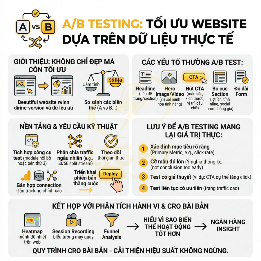 Infographic hướng dẫn ứng dụng A/B testing tối ưu hiệu suất website và các yếu tố, nền tảng cần test