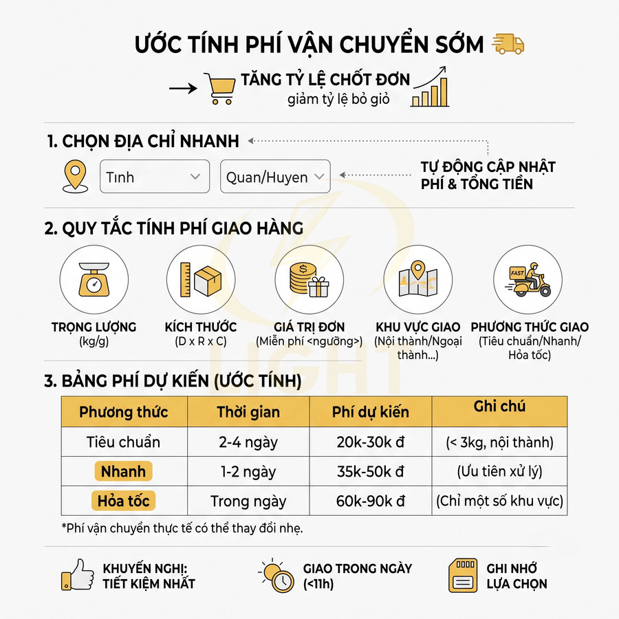 Bảng hướng dẫn ước tính phí vận chuyển sớm với các phương thức giao hàng tiêu chuẩn nhanh hỏa tốc