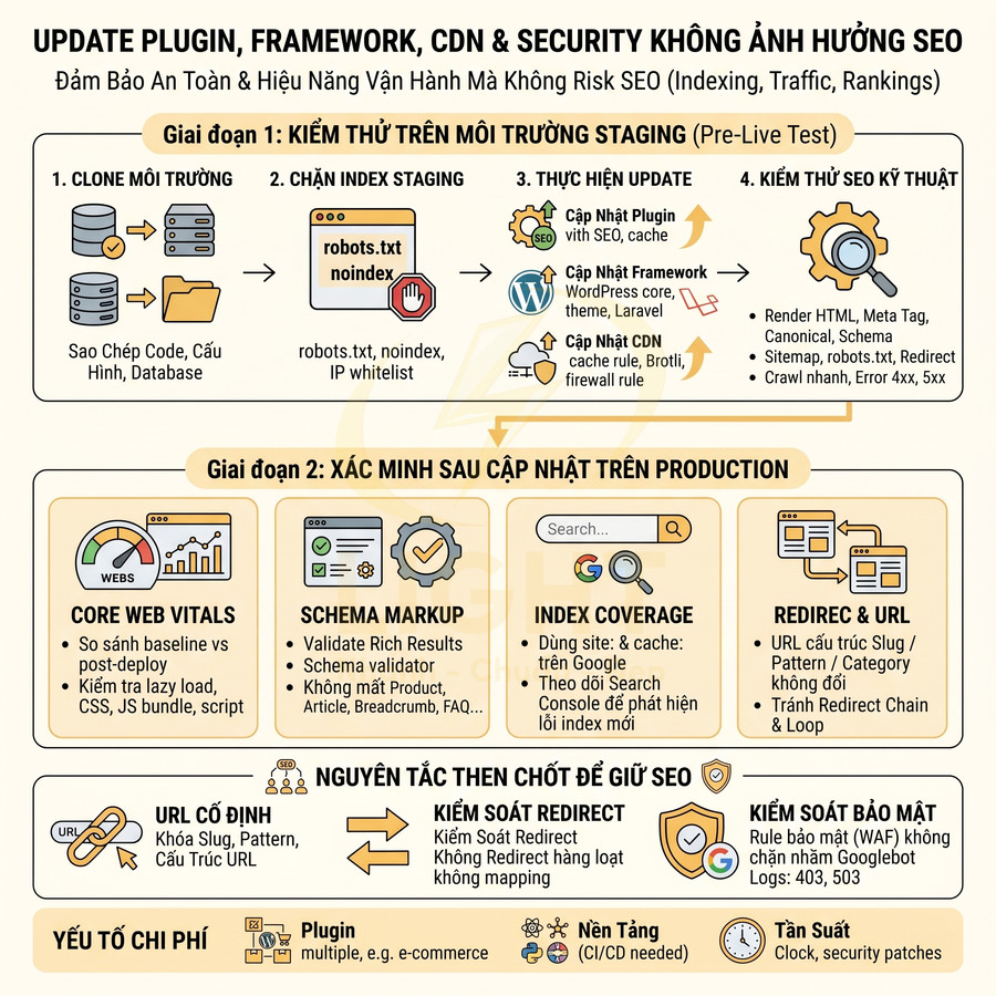 Quy trình cập nhật plugin, framework, CDN và bảo mật website WordPress an toàn không ảnh hưởng SEO