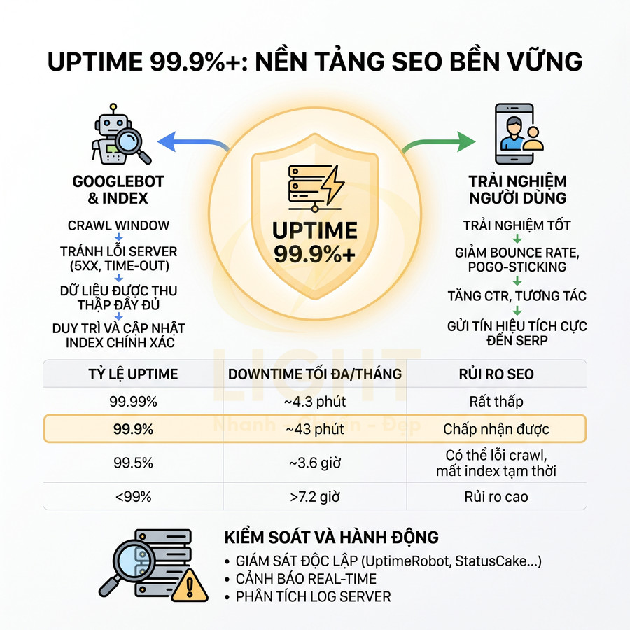 Infographic về uptime 99.9 phần trăm trở lên giúp cải thiện SEO, trải nghiệm người dùng và giảm rủi ro lỗi server