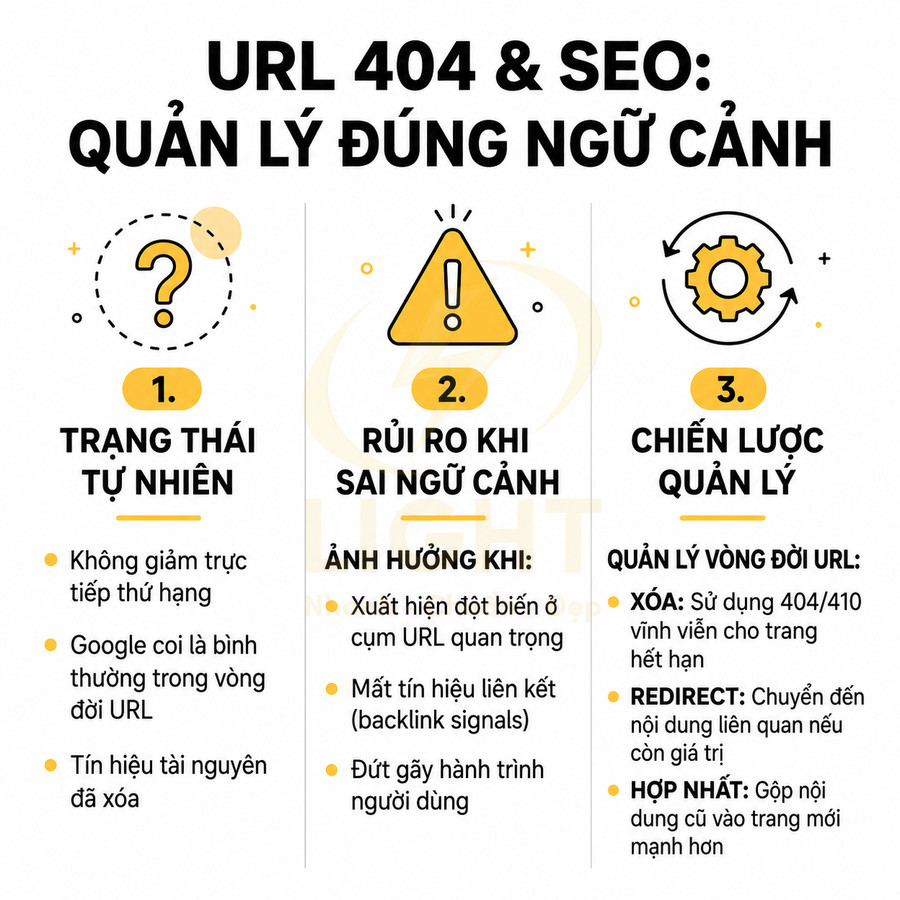 Hướng dẫn quản lý URL 404 đúng ngữ cảnh trong SEO, nêu rủi ro sai ngữ cảnh và chiến lược xử lý URL
