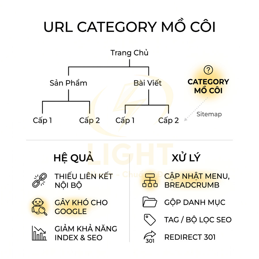 Sơ đồ URL category mồ côi và cách xử lý để cải thiện liên kết nội bộ và SEO website