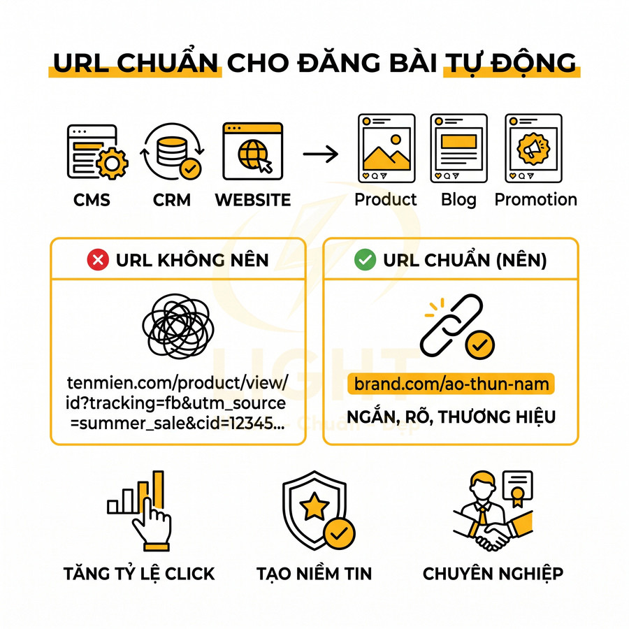 Hướng dẫn tạo URL chuẩn cho bài đăng tự động với ví dụ URL ngắn, rõ ràng, có tên thương hiệu
