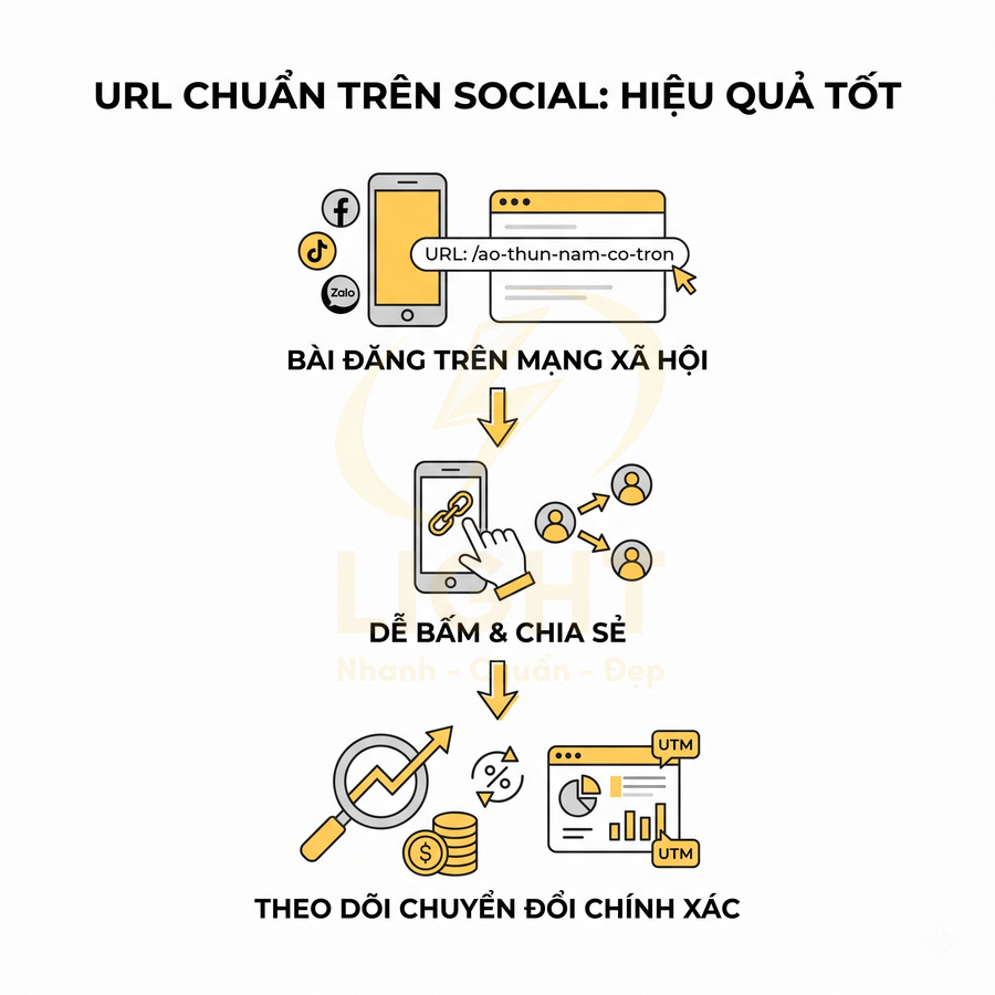 Minh họa lợi ích dùng URL chuẩn trên mạng xã hội giúp dễ bấm chia sẻ và theo dõi chuyển đổi chính xác