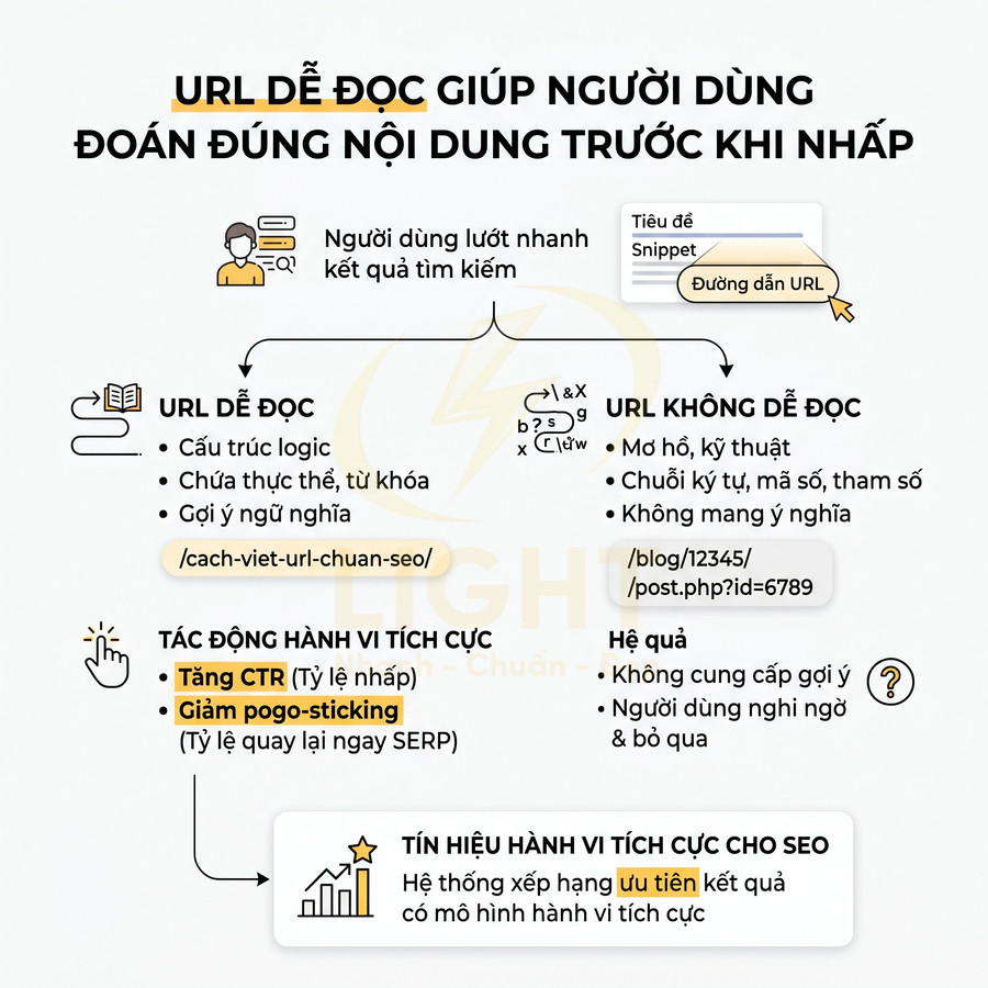 Hướng dẫn tạo URL dễ đọc chuẩn SEO, so sánh URL rõ nghĩa và URL khó đọc cùng tác động đến CTR và hành vi người dùng