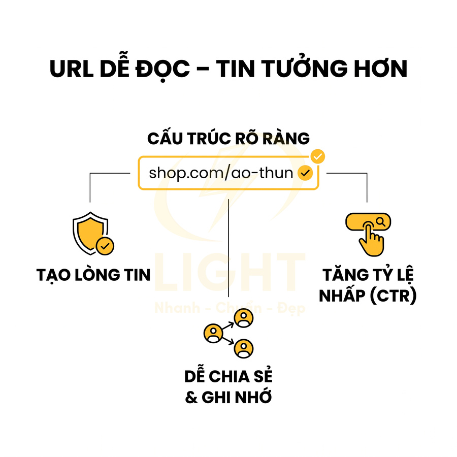 Minh họa lợi ích URL dễ đọc với ví dụ shop.com/ao-thun giúp tăng tin tưởng, CTR và dễ chia sẻ