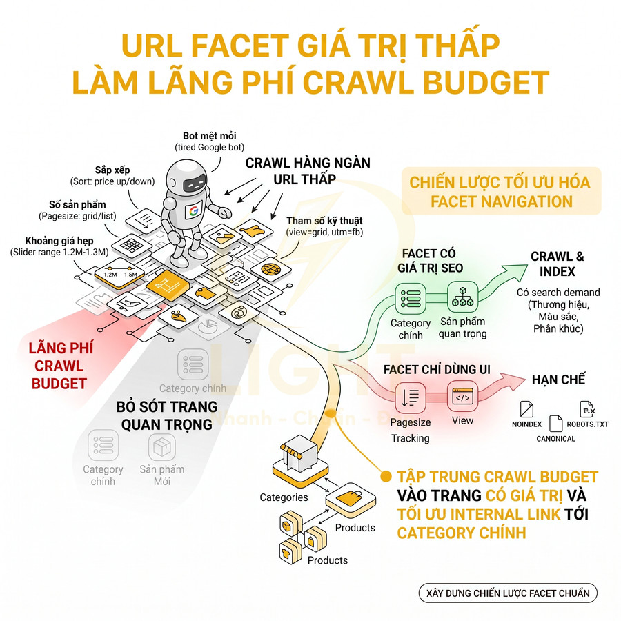 Mô hình tối ưu hóa facet navigation để tránh lãng phí crawl budget và tập trung vào trang sản phẩm, category chính