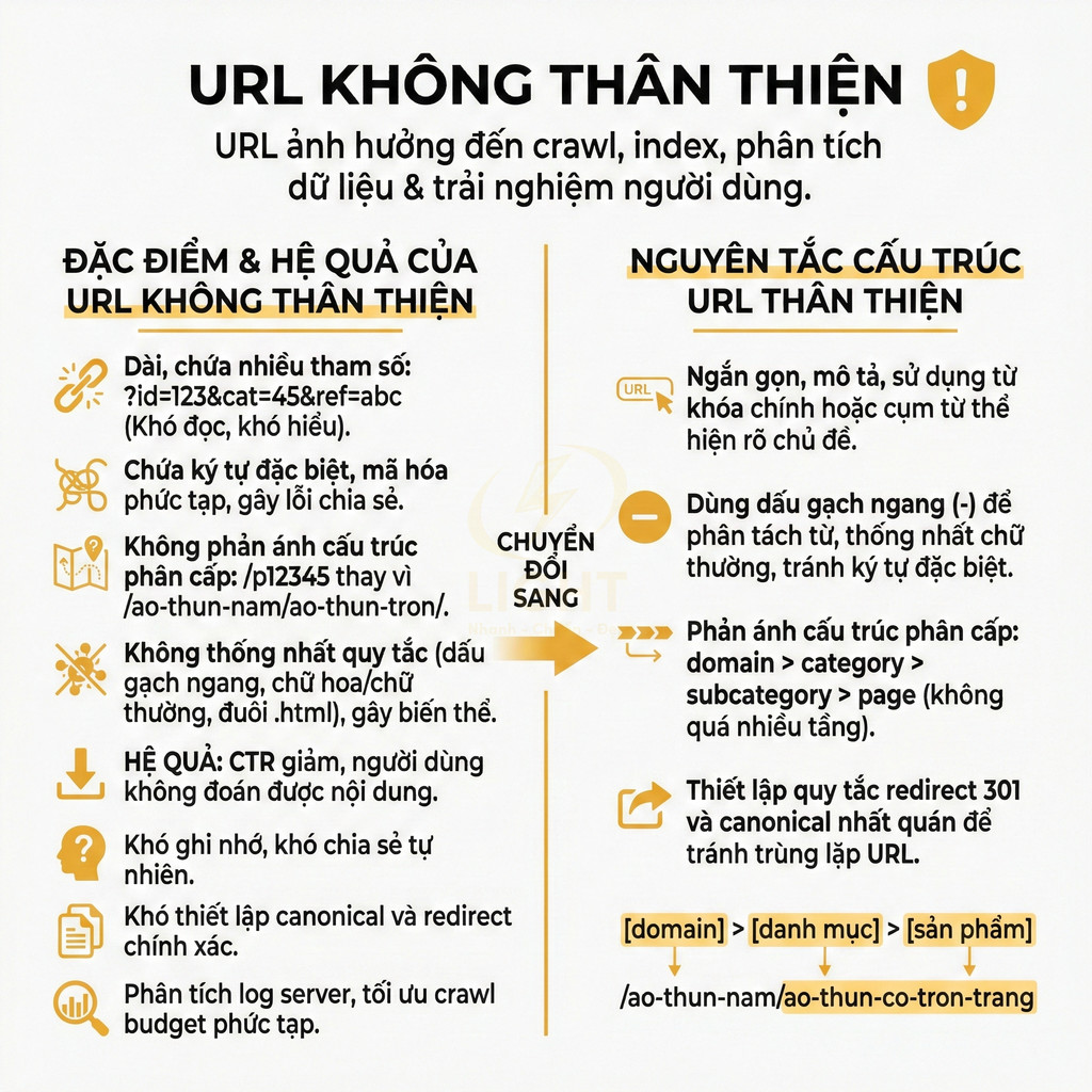 Hướng dẫn tối ưu cấu trúc URL thân thiện SEO với ví dụ chuyển đổi từ URL dài, khó hiểu sang URL rõ ràng