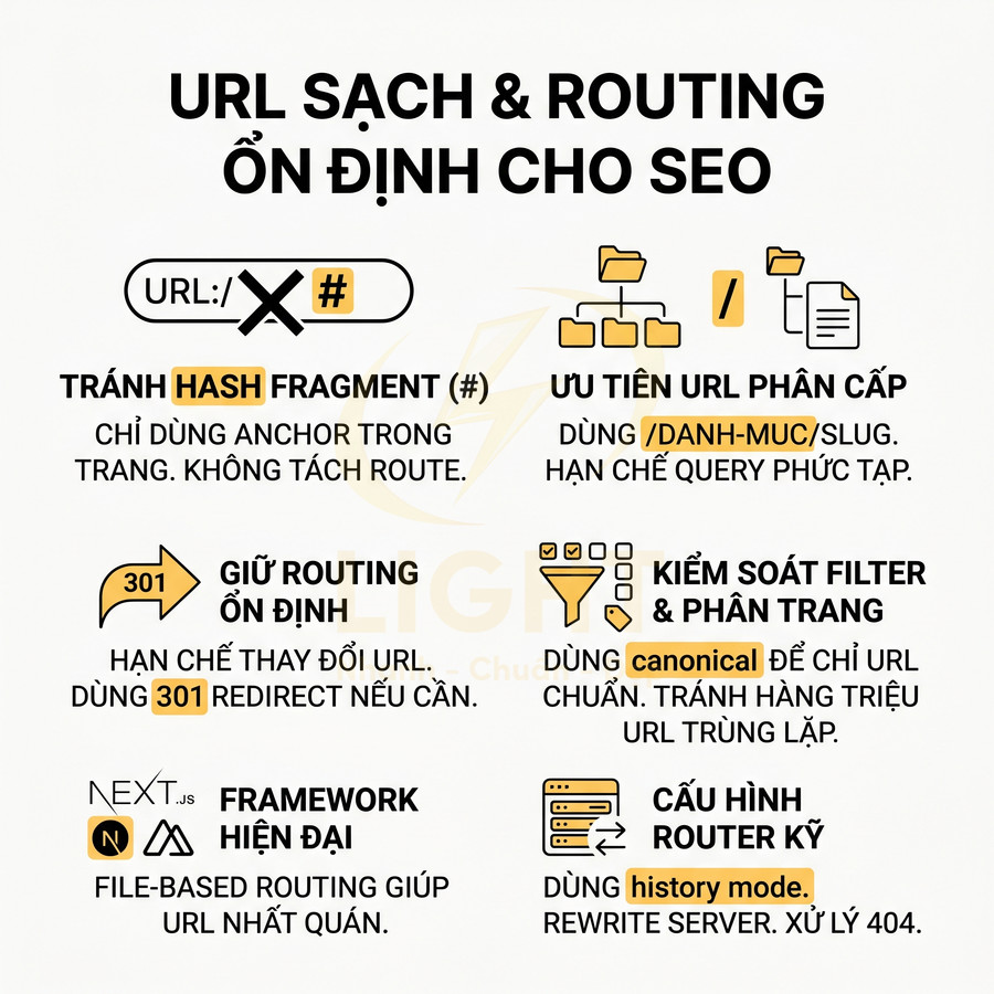 Hướng dẫn tối ưu URL sạch và routing ổn định cho SEO với các nguyên tắc cấu trúc và chuyển hướng URL