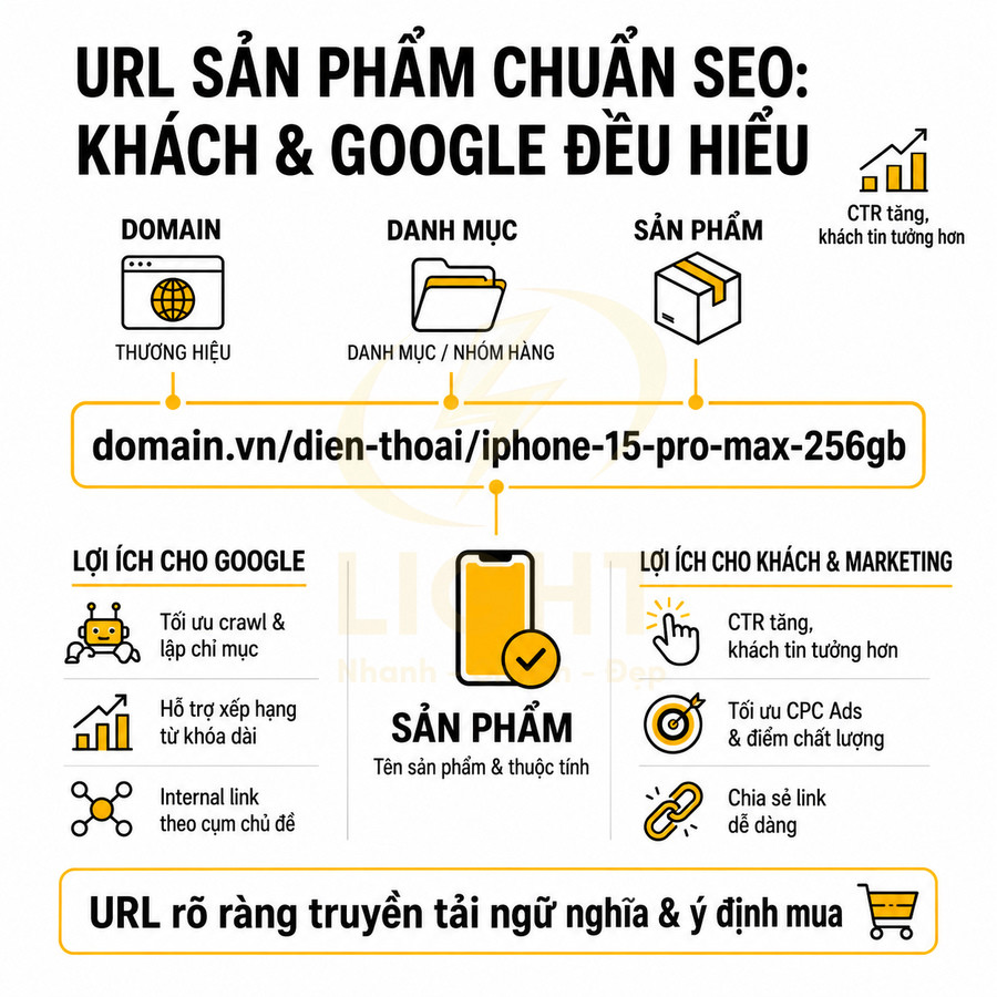 Hướng dẫn cấu trúc URL sản phẩm chuẩn SEO cho iPhone 15 Pro Max 256GB giúp Google và khách hàng hiểu rõ