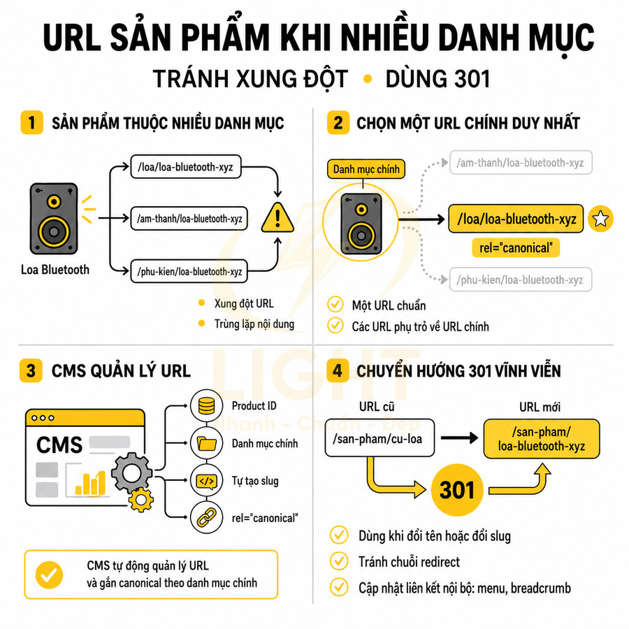 Infographic hướng dẫn tối ưu URL sản phẩm loa Bluetooth khi thuộc nhiều danh mục và dùng chuyển hướng 301