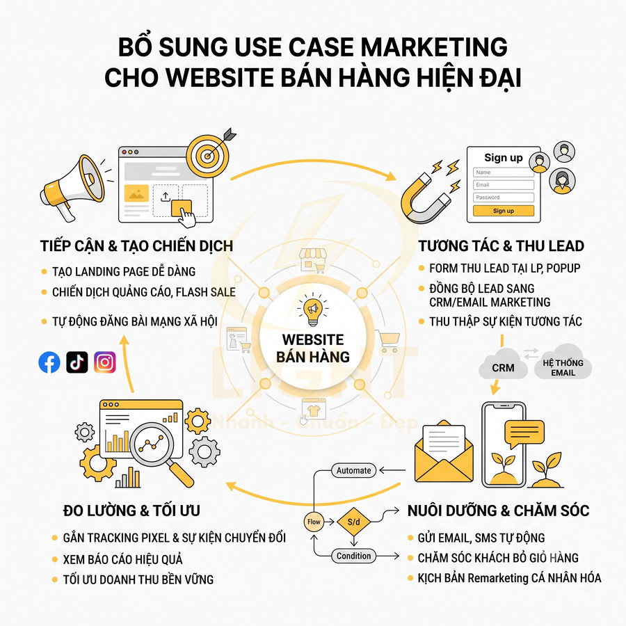 Sơ đồ use case marketing cho website bán hàng hiện đại với các bước tiếp cận, thu lead, đo lường và chăm sóc khách hàng