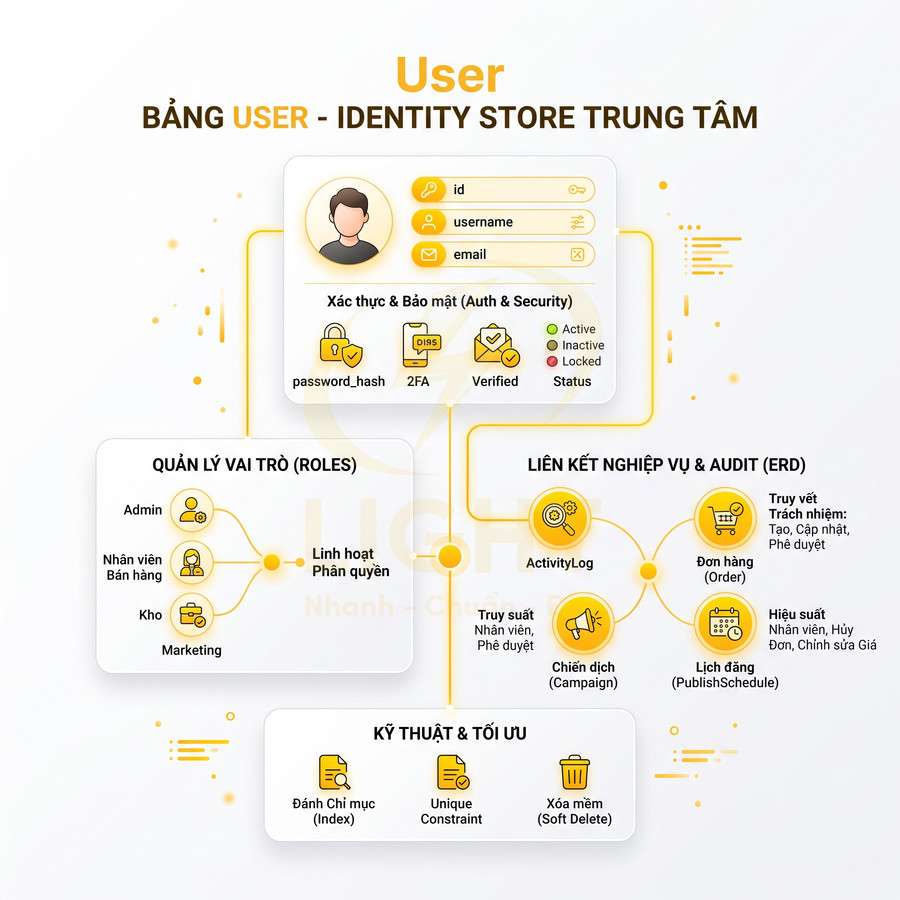 Sơ đồ hệ thống quản lý user với xác thực bảo mật, phân quyền vai trò, liên kết nghiệp vụ và tối ưu kỹ thuật