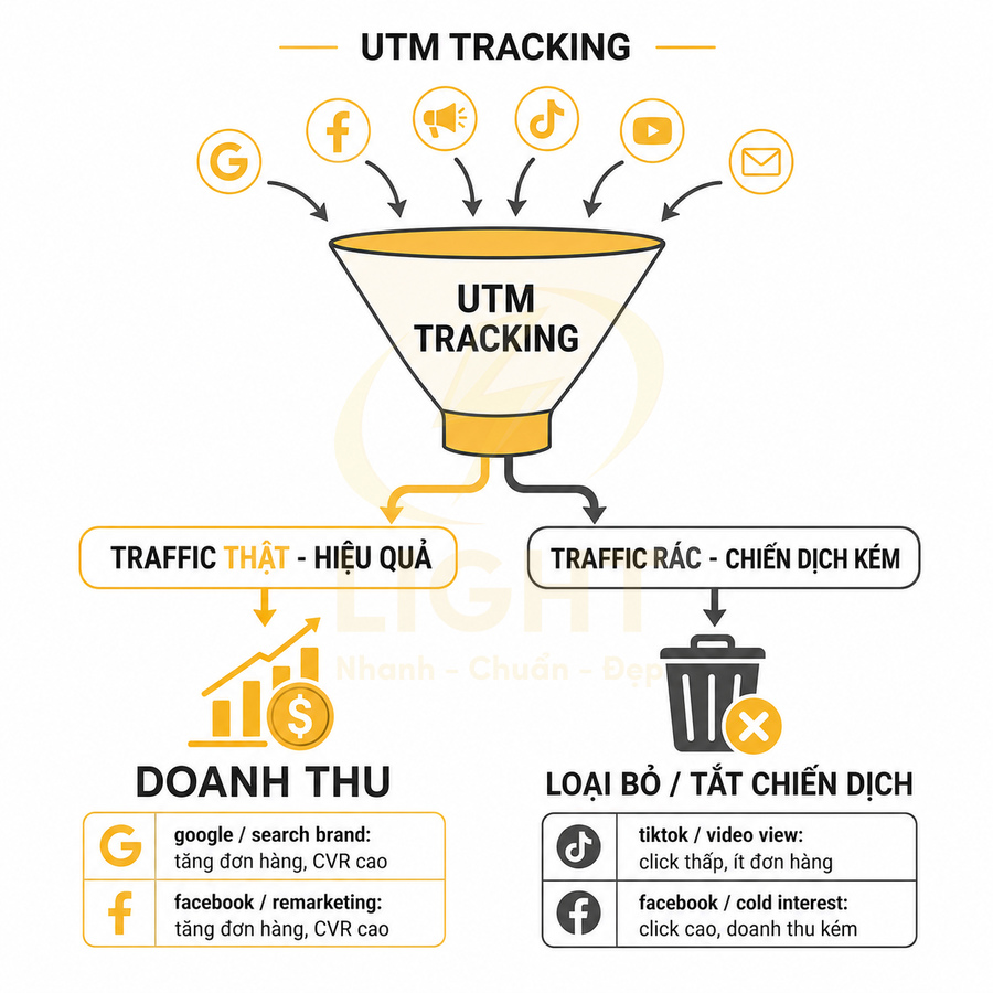 Mô hình phễu UTM tracking phân loại traffic từ Google, Facebook, TikTok thành doanh thu và loại bỏ chiến dịch kém
