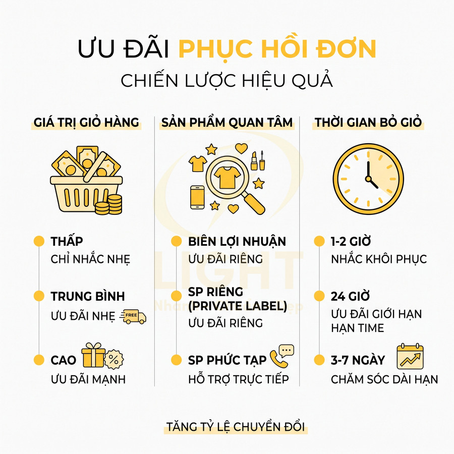 Infographic ưu đãi phục hồi đơn với chiến lược theo giá trị giỏ hàng, sản phẩm quan tâm và thời gian bỏ giỏ