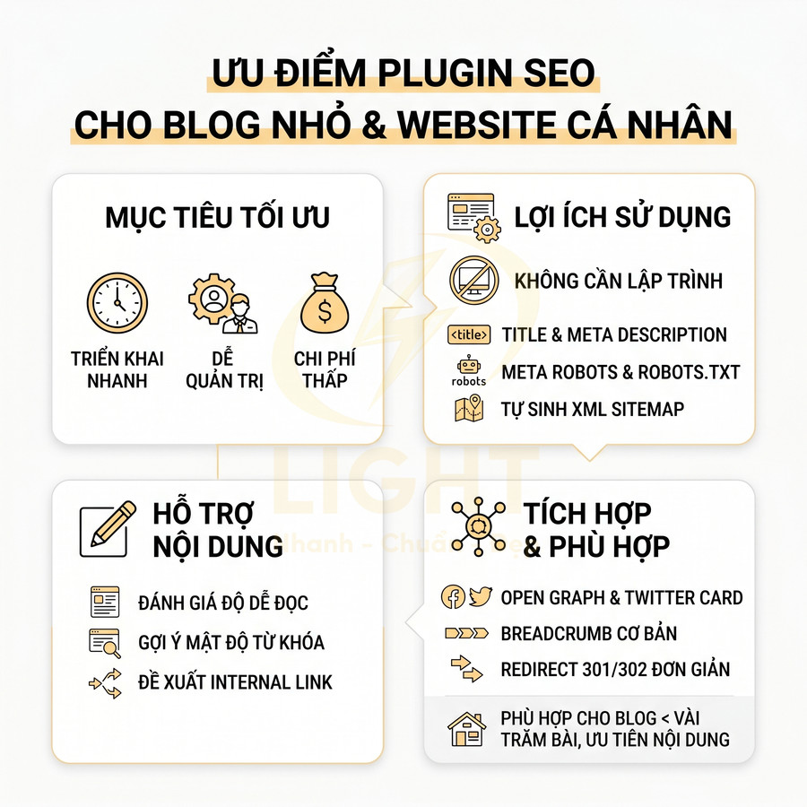 Ưu điểm plugin SEO cho blog nhỏ và website cá nhân, tối ưu chi phí, hỗ trợ nội dung và tích hợp mạng xã hội