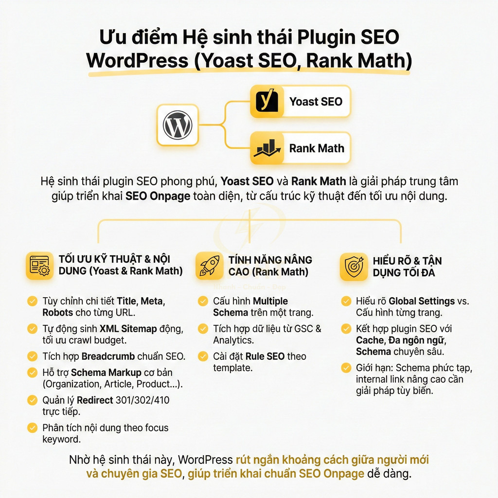 Ưu điểm hệ sinh thái plugin SEO WordPress Yoast SEO và Rank Math, tối ưu SEO Onpage toàn diện