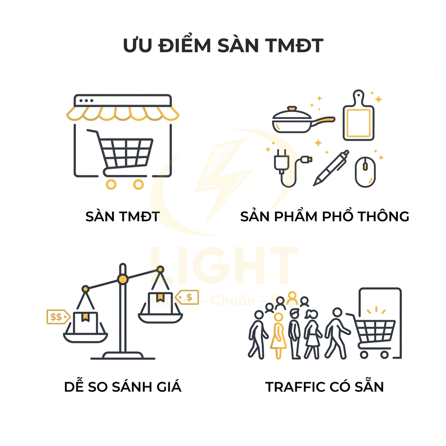 Minh họa ưu điểm sàn thương mại điện tử với sản phẩm phổ thông, dễ so sánh giá và có sẵn lượng khách truy cập