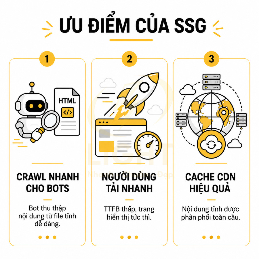 Infographic ưu điểm của SSG với crawl nhanh cho bots, người dùng tải nhanh và cache CDN hiệu quả