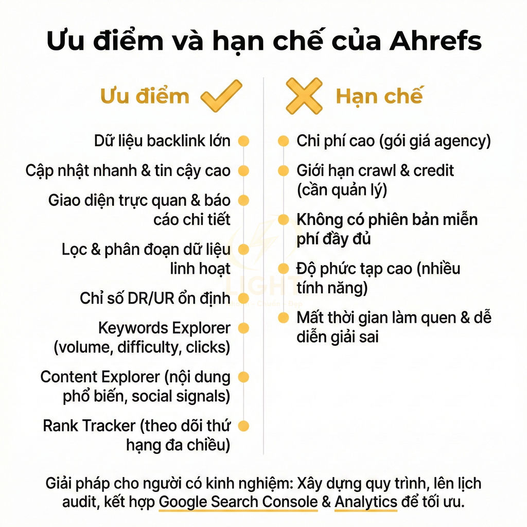 Bảng so sánh ưu điểm và hạn chế của công cụ SEO Ahrefs bằng tiếng Việt