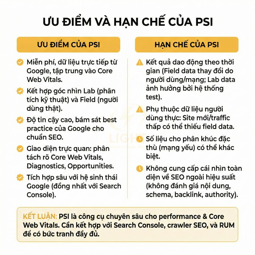 Ưu điểm và hạn chế của công cụ PSI trong phân tích Core Web Vitals và hiệu suất website