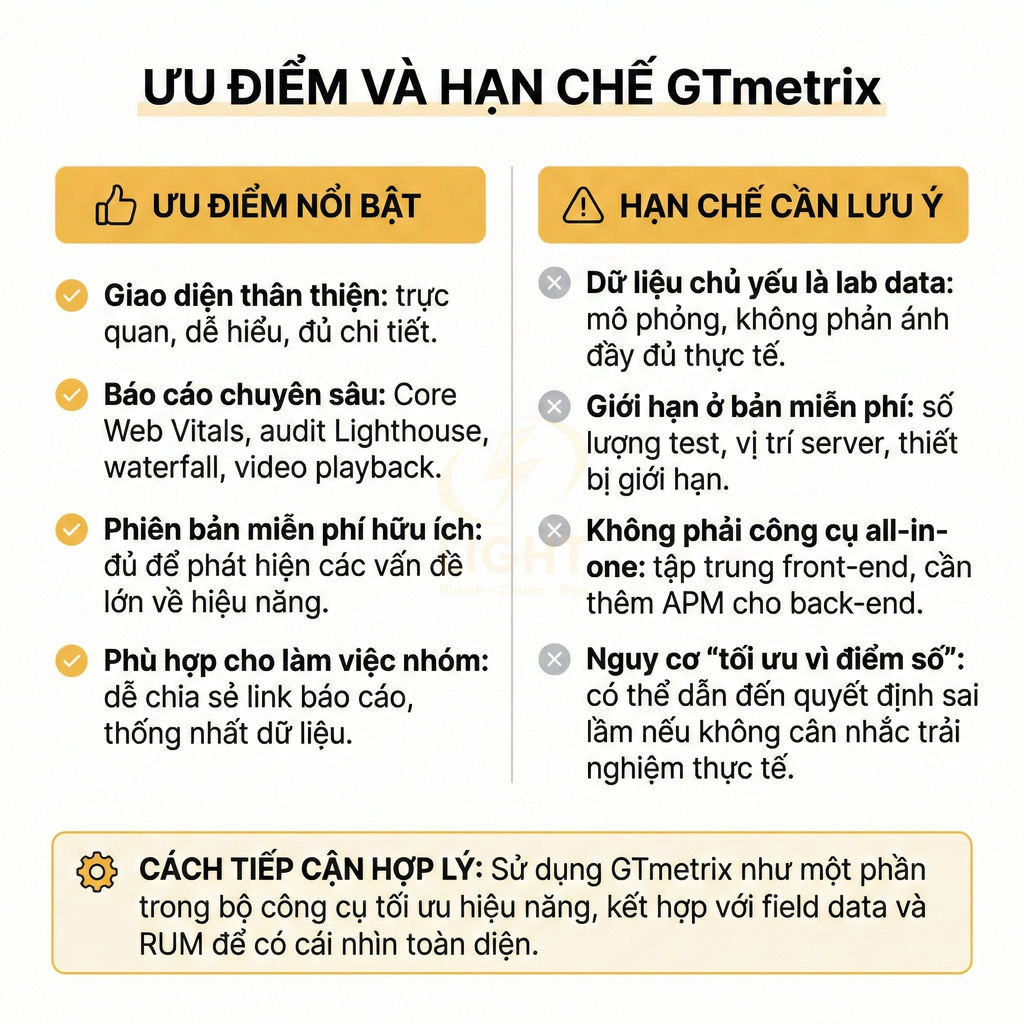 Ưu điểm và hạn chế GTmetrix trong phân tích hiệu năng website, gợi ý cách sử dụng công cụ hiệu quả
