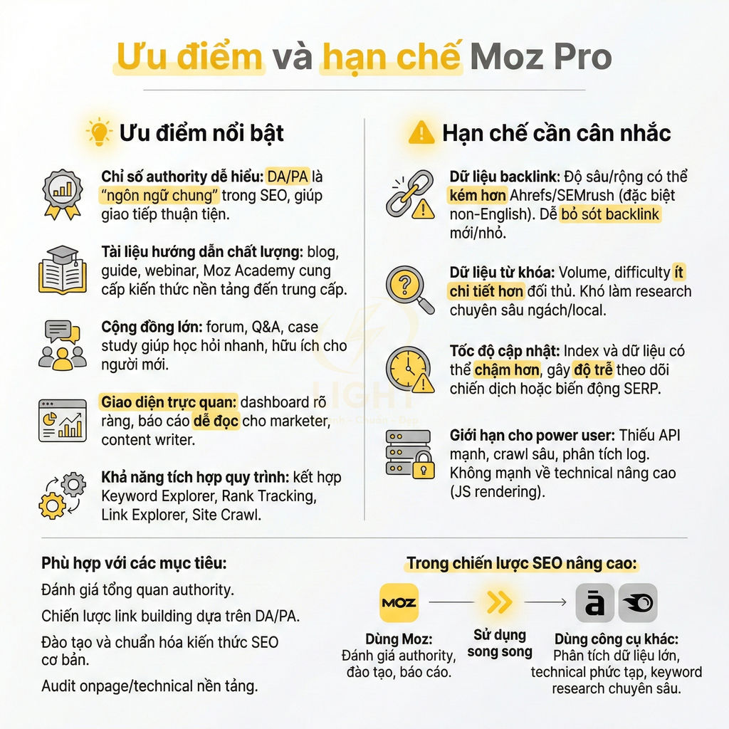 Ưu điểm và hạn chế Moz Pro trong chiến lược SEO, so sánh dữ liệu backlink, từ khóa và tốc độ cập nhật