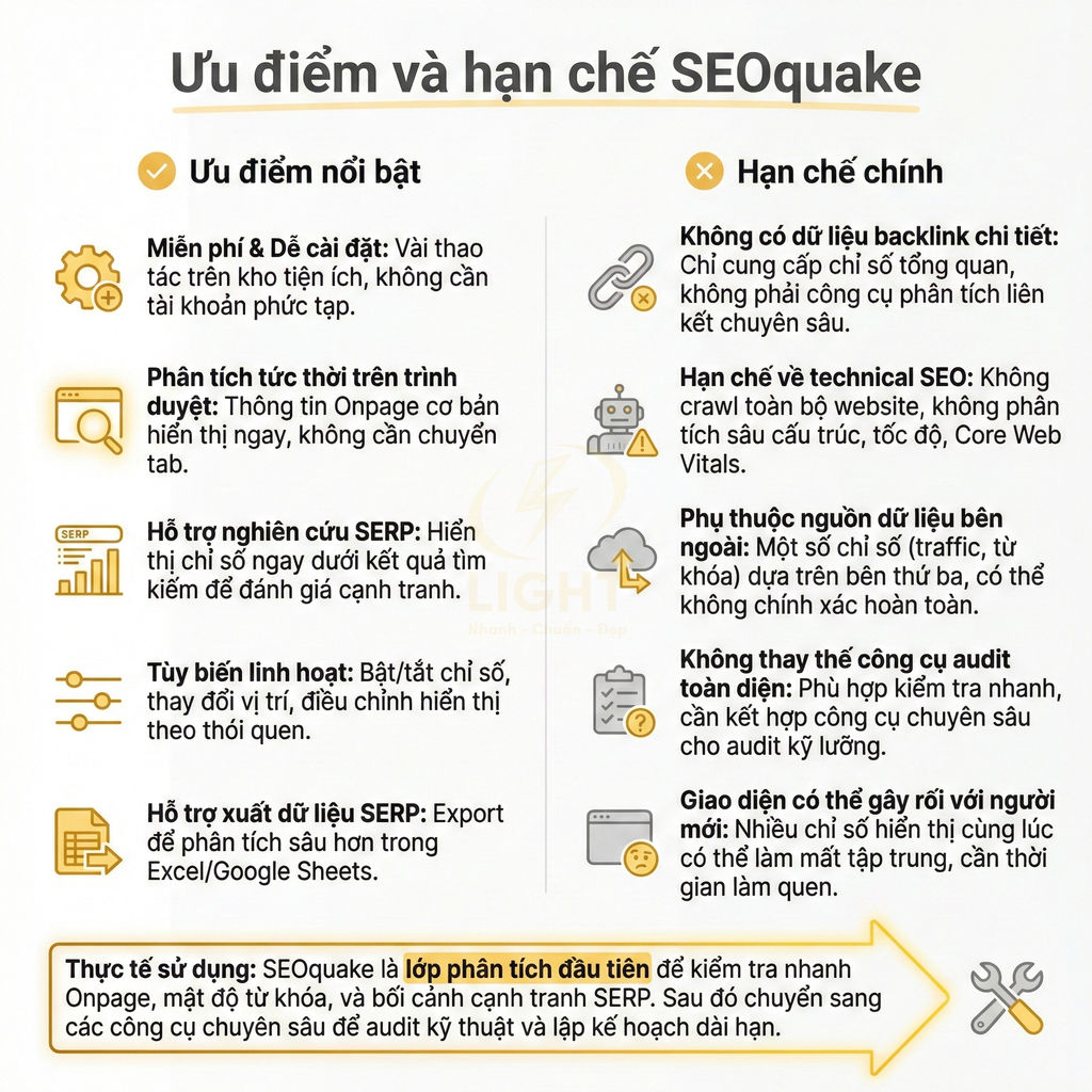 Ưu điểm và hạn chế SEOquake trong phân tích SEO Onpage và SERP, gợi ý cách sử dụng công cụ hiệu quả
