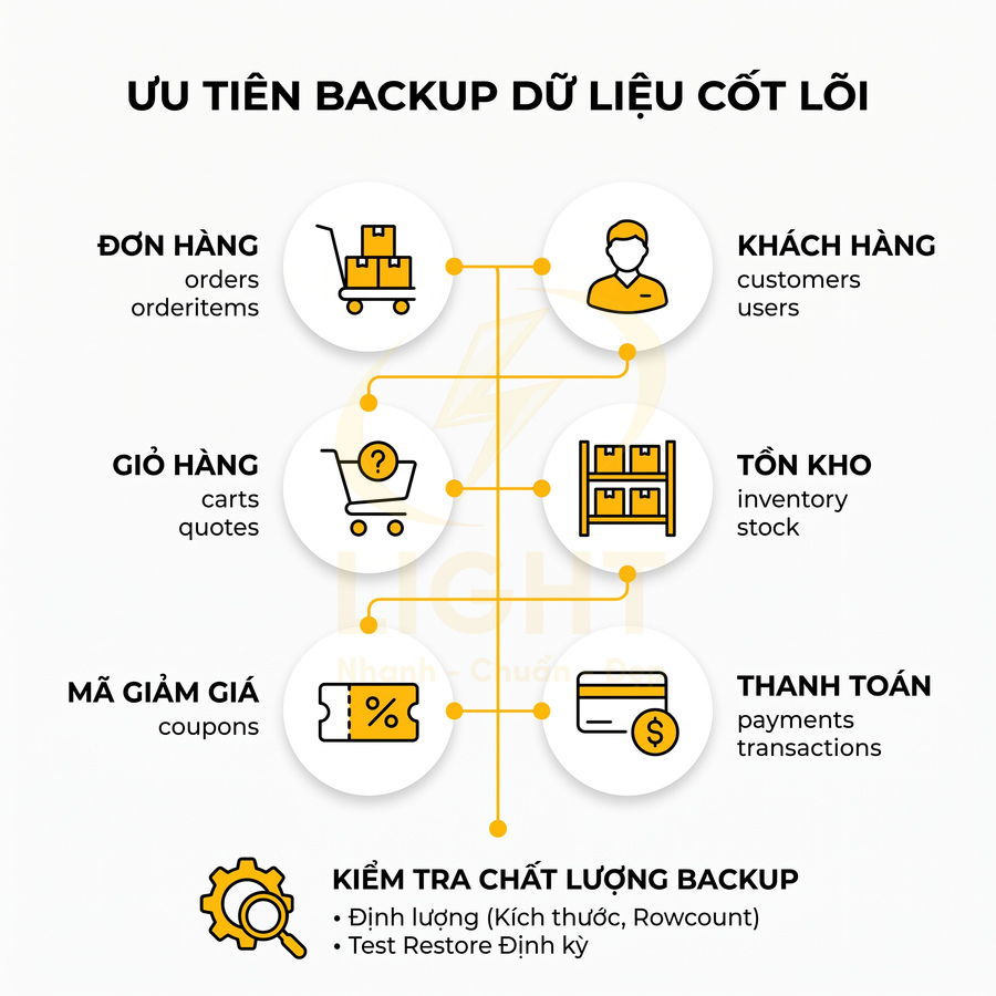 Ưu tiên backup dữ liệu cốt lõi cho đơn hàng, khách hàng, giỏ hàng, tồn kho, mã giảm giá, thanh toán và kiểm tra chất lượng backup